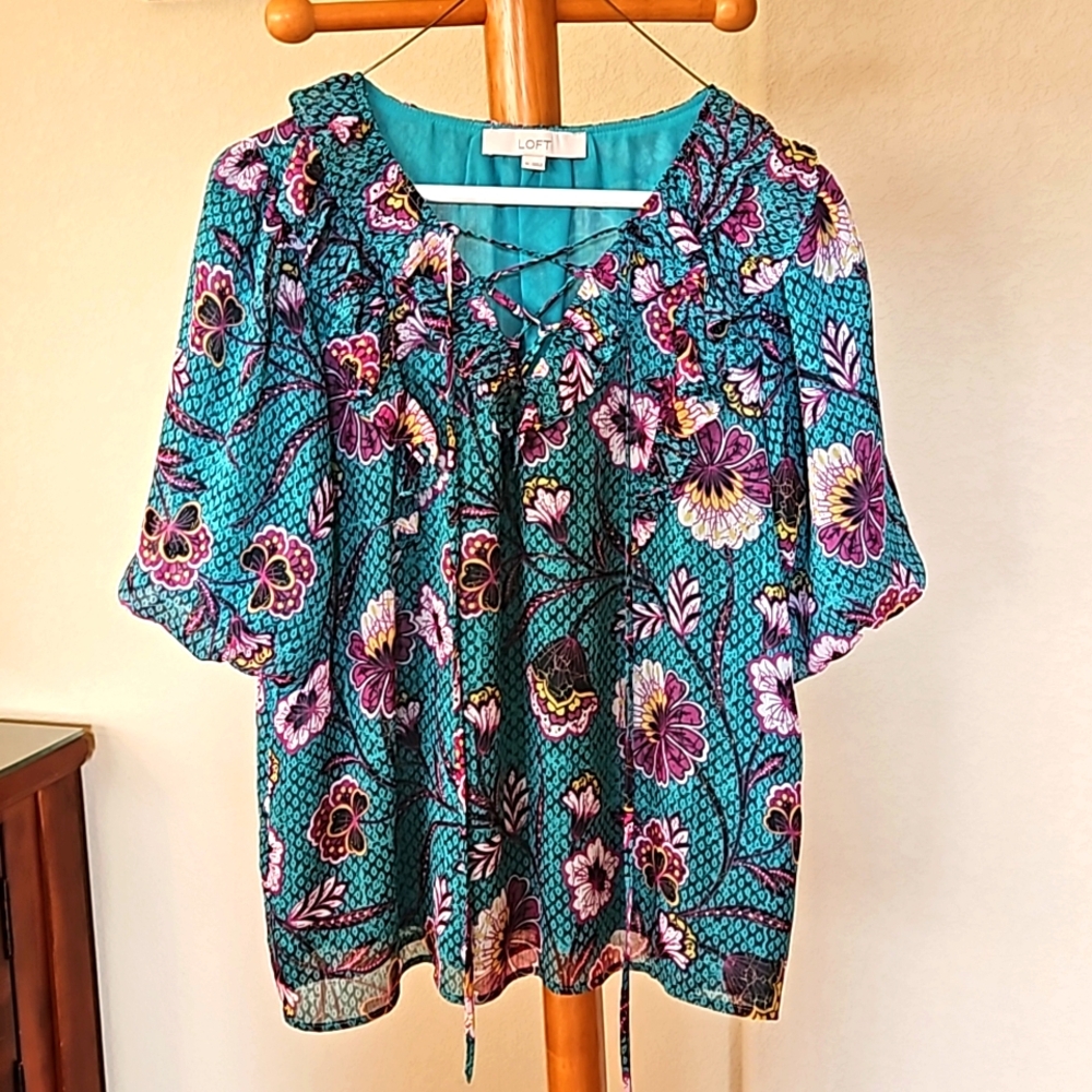 LOFT Green and Purple Ruffled Top, M